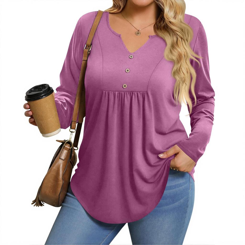 Womens Plus Size Long Sleeve Shirts  V Neck Tunic Tops Basic Loose Fit Tee Tops