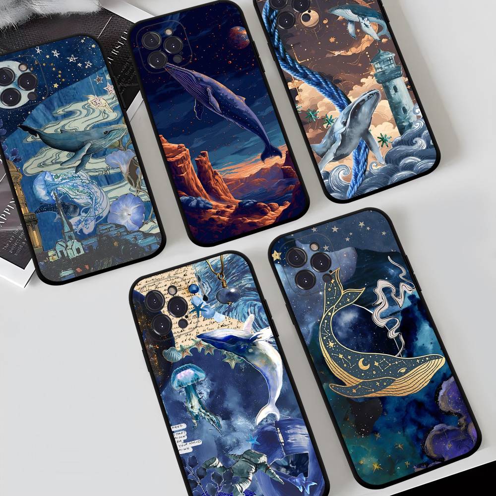 Space Ocean Whale Shark Black Silicone Phone Case For Iphone 17 Air 16 15 14 13 12 11 Pro Max Plus Back TPU