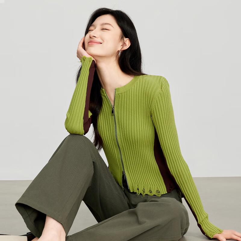 JOY SPEAKER Slim Fit Color-block Zip-Up Knit Cardigan