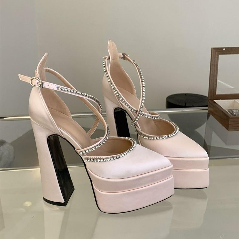 Fashion Spring Autumn Fashion Satin Mary Janes Women Pumps Elegant Pointed toe Platform Wedges 15cm High heels Party Prom Chunky Shoes 35 5473₽