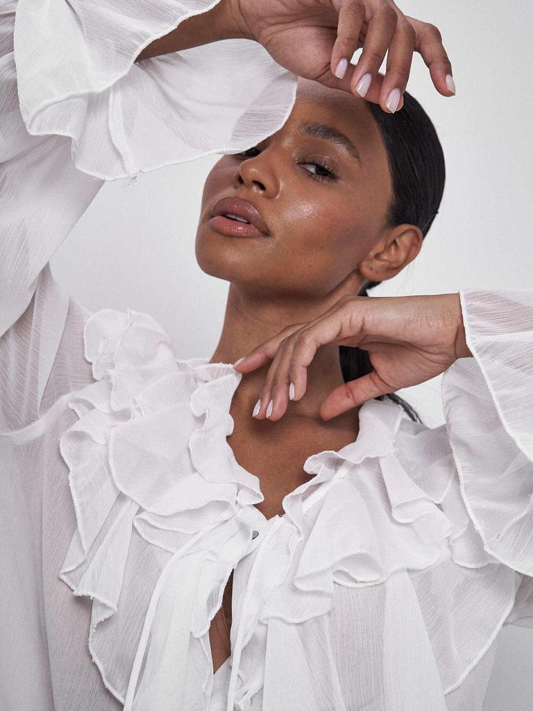 Stylish European & American Tie-Up Puff Sleeve Ruffle V-Neck Blouse - Solid Color Women's Spring Top