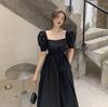 Abito vintage francese Abito da donna casual con maniche a sbuffo Abito intero coreano con fasciatura gotica Abito midi nero Abito da sera femminile Chic