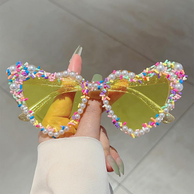 Heart Shape Sunglasses with Pearls and Jimmies Fashion Cute Gradient Multi-color Decor Shades Trendy Original Sun Glasses