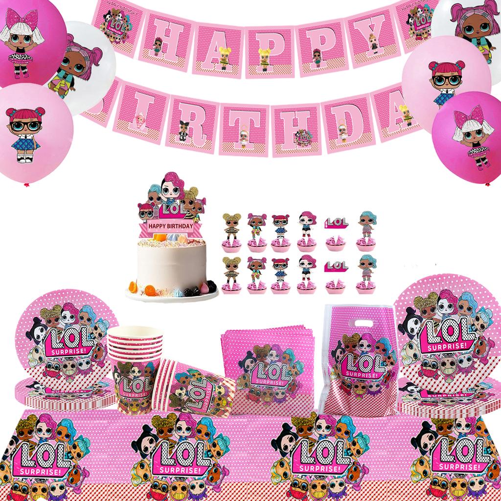 Surprise Doll Birthday Theme Decorations Backdrop Baby Shower Suppl Lol Party Cake Topper Balloon Paper Banner Plates Cups for Round Sensory Durable