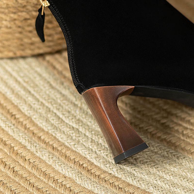 Elegant Black High-Heeled Ankle Boots - Suede, Slimming, Metal Buckle, Elastic Fit for Women in Autumn/Winter