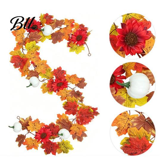 Artificial Maple Leaf Garland Fall Wreath, Autumn Vine with Pine Cones Pumpkins, Reusable Decorations for Home Hanging Decor Thanksgiving Harvest