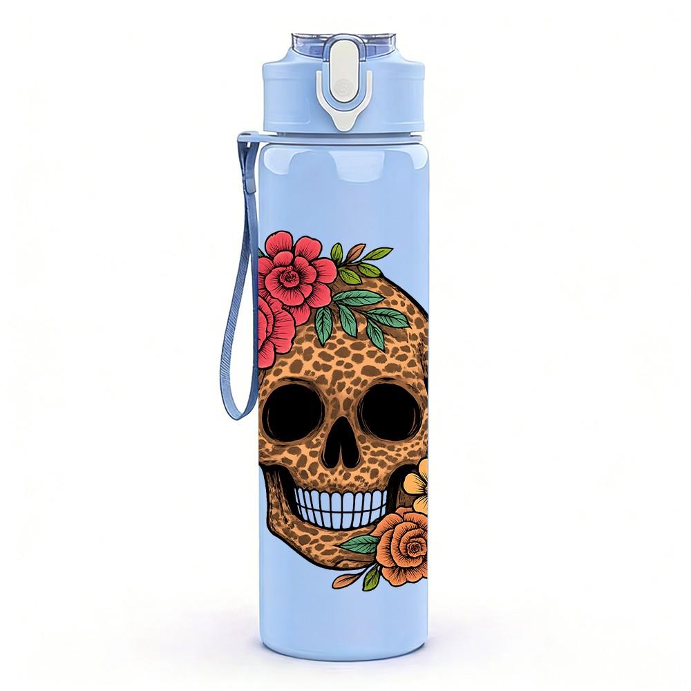 1PC Vintage Rose Skull 750ml Color Plastic Sports Water Bottle Leakproof Flip Straw Lid Suitable for Sports Office Home Use