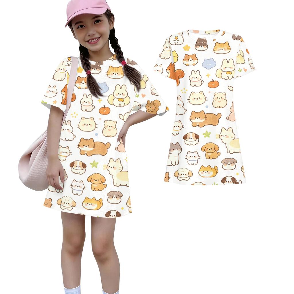 Girls Animal Print Dress Loose Fit Short Sleeve Round Neck Lightweight Summer Dress for Kids Casual Wear