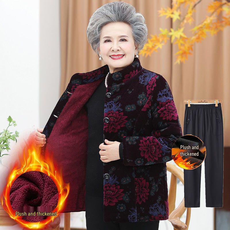 Fleece-Lined Winter Jacket for Middle-Aged and Elderly Women: Grandma Style, Thickened Cotton, Two-Piece Set (Top and Jacket).