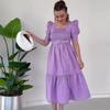 2024 Summer Women's Square Neck Puff Sleeve Polka Dot Cinched Waist Long Dress