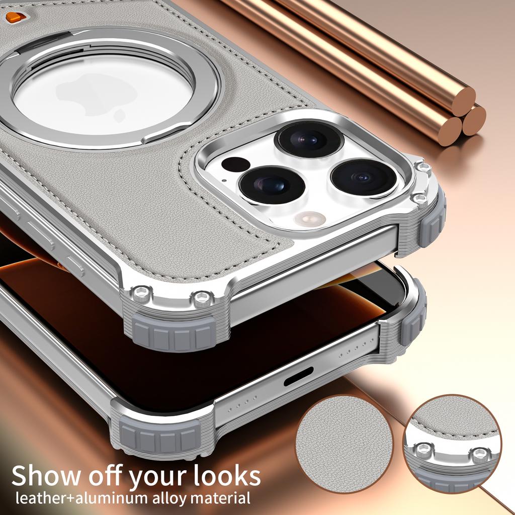 For iPhone 15 Pro Max Case PU Covered Metal Boardless Phone Back Cover with Kickstand