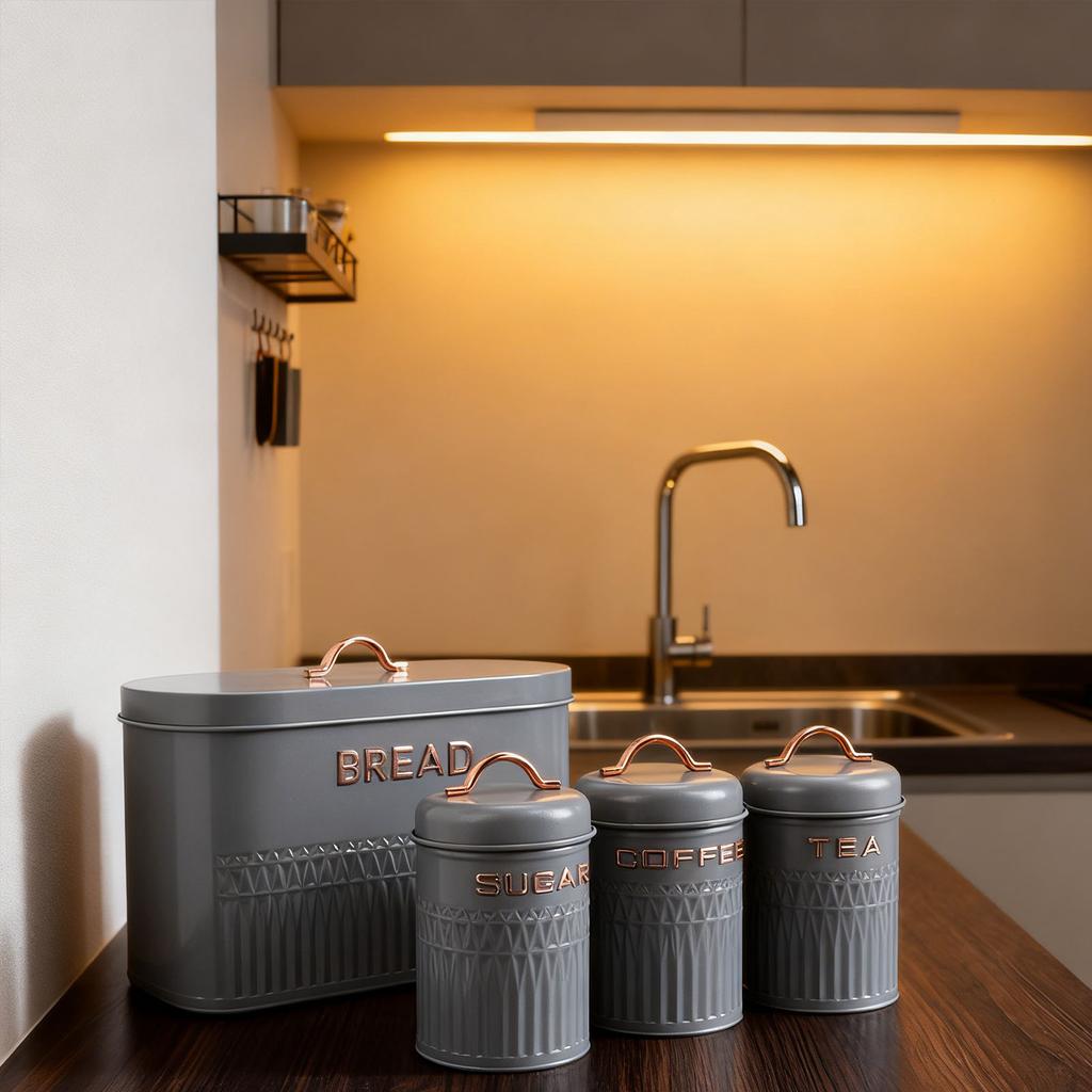 Set da 4 pezzi: Porta pane e barattoli in ferro per cucina, Caffè, Tè, Zucchero, Porta pane in metallo per piano di lavoro