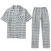 Spring and Autumn new double-layer gauze short-sleeved trousers set couple plaid shirt set loungewear straight hair