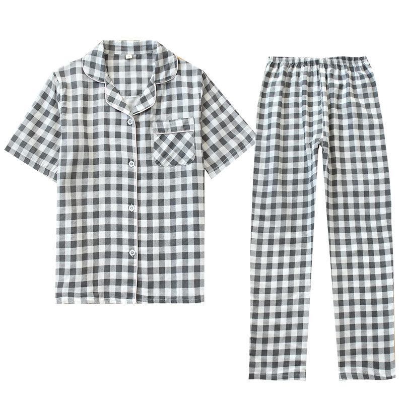 Spring and Autumn new double-layer gauze short-sleeved trousers set couple plaid shirt set loungewear straight hair