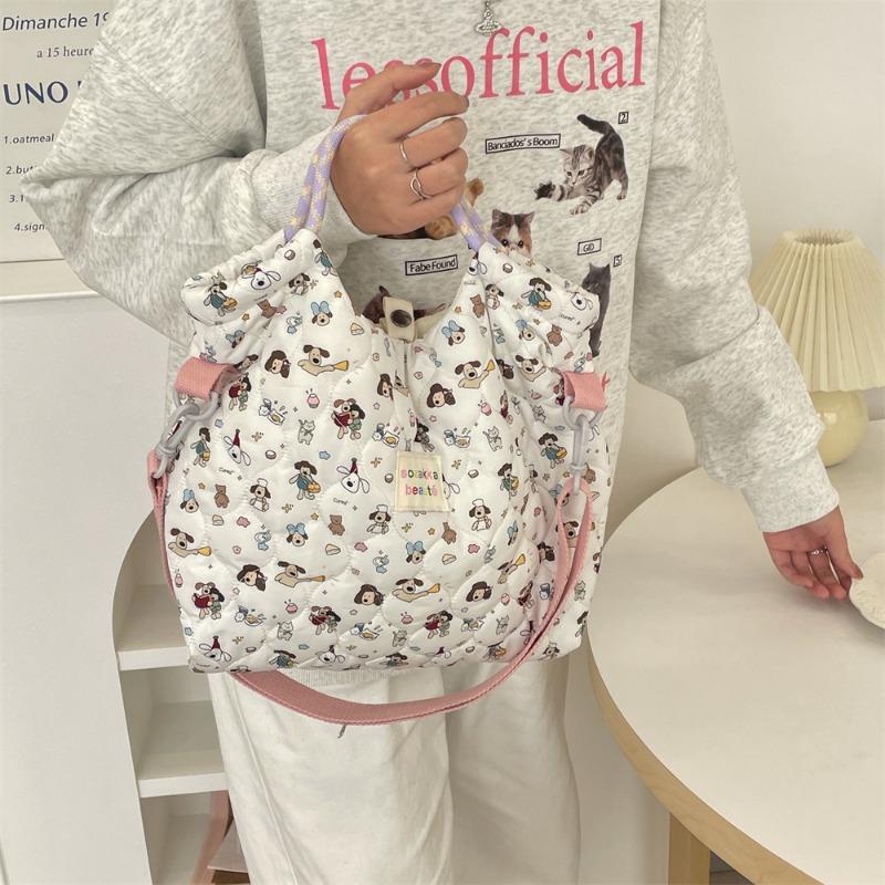 11 Autumn and Winter Quilted Quilted Cotton Cartoon Pattern Hand Bag Women's Hand Shoulder Crossbody Canvas Bag