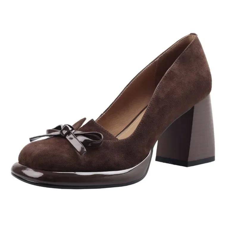 Women Shoes  Retro High Heels Butterfly Knot Square Heel Faux Suede Commuting Elegant 6-8cm Pumps Tacones Para Mujer 2025