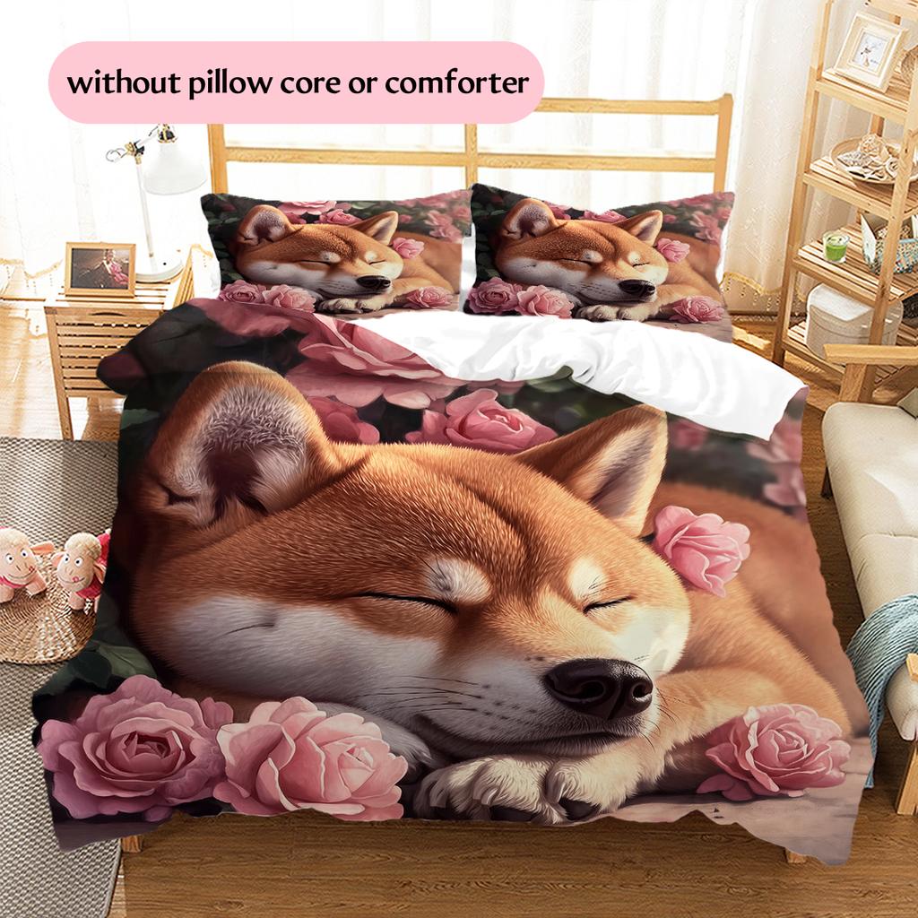 Shiba Inu and Rose Pattern Bedding Home Decoration Birthday Gift (1 * duvet cover + 2 * pillowcase, without core)