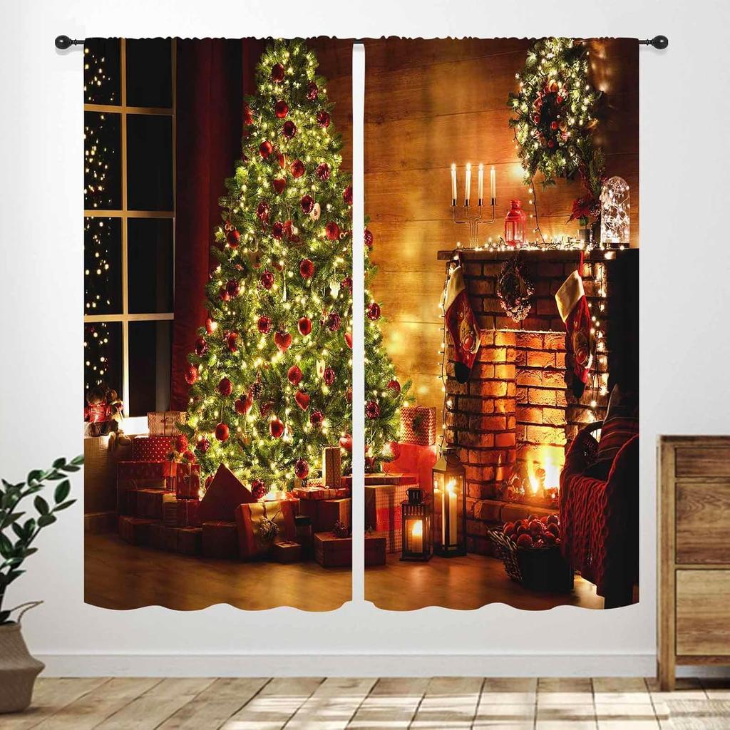 Winter Kitchen Christmas,Christmas Pine Tree Nature Forest Deer Watercolor Cabin Rustic Farmhouse Holiday Window Treatments