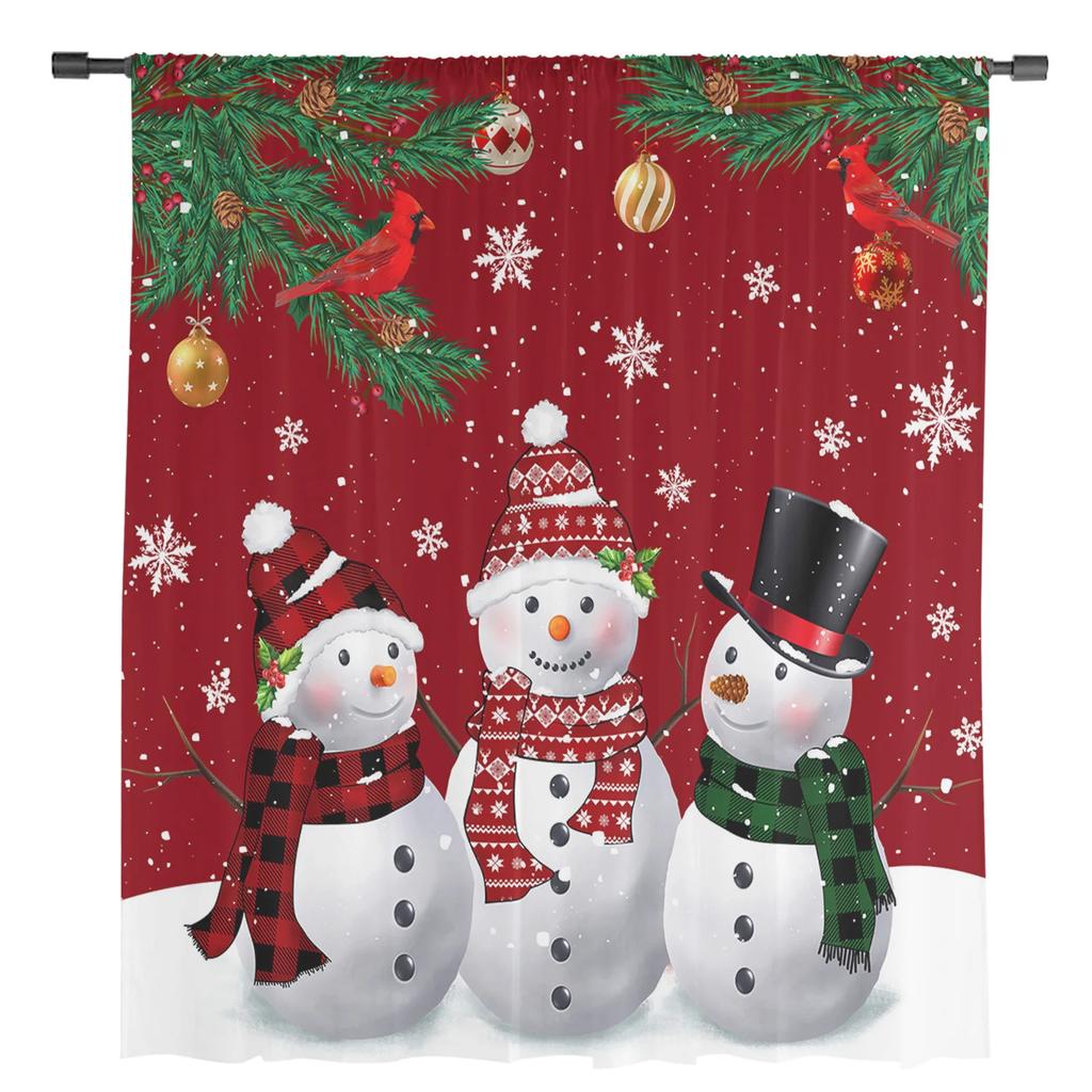 Christmas Tree Snowman Snowflake Red Sheer Curtains for Living Room Decoration Window Curtains Kitchen Tulle Voile Curtains