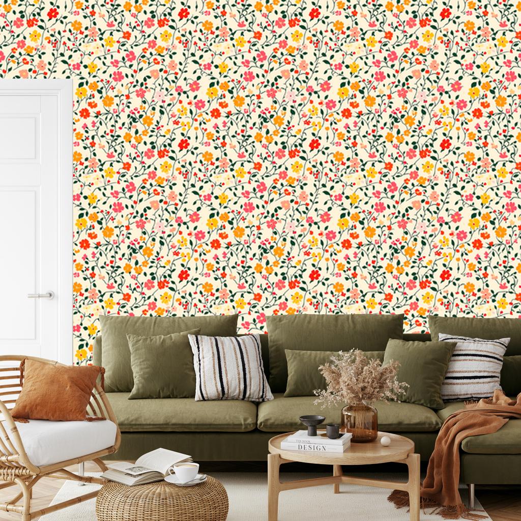 Wallpaper Small Flowers Cream, Beige, Lime and Coral 50x1000