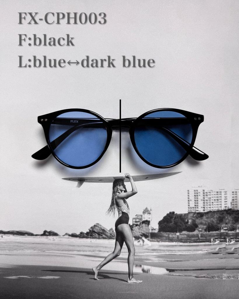 Classic Round Sunglasses with Photochromic and Polarized Lenses Black Brand Popular Stylish Fashion Glasses UV Protection [Flex] (F L Blue-dark