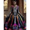 2026 Halloween Womens V-Neck Long Sleeve Maxi Dress With Ghost Pumpkin Witch Print High-Waist Loose Fit Party Gown
