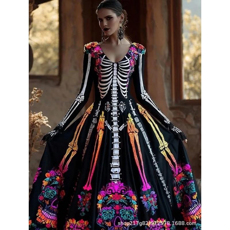 2026 Halloween Womens V-Neck Long Sleeve Maxi Dress With Ghost Pumpkin Witch Print High-Waist Loose Fit Party Gown