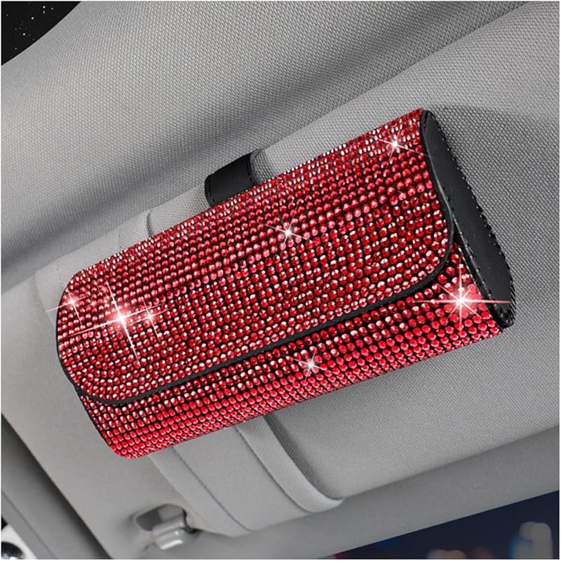 Bling Car Sunglass Holder For Sun Visor, Sparkling Crystal Leather Automotive Eyeglasses Mount Clip Organizer With Hidden Magnetic Closure For Men