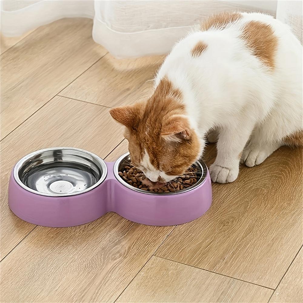 Plastic and Stainless Steel 2-in-1 Pet Food and Water Bowl Set with Non-Slip Stand, Cat Feeding Supplies
