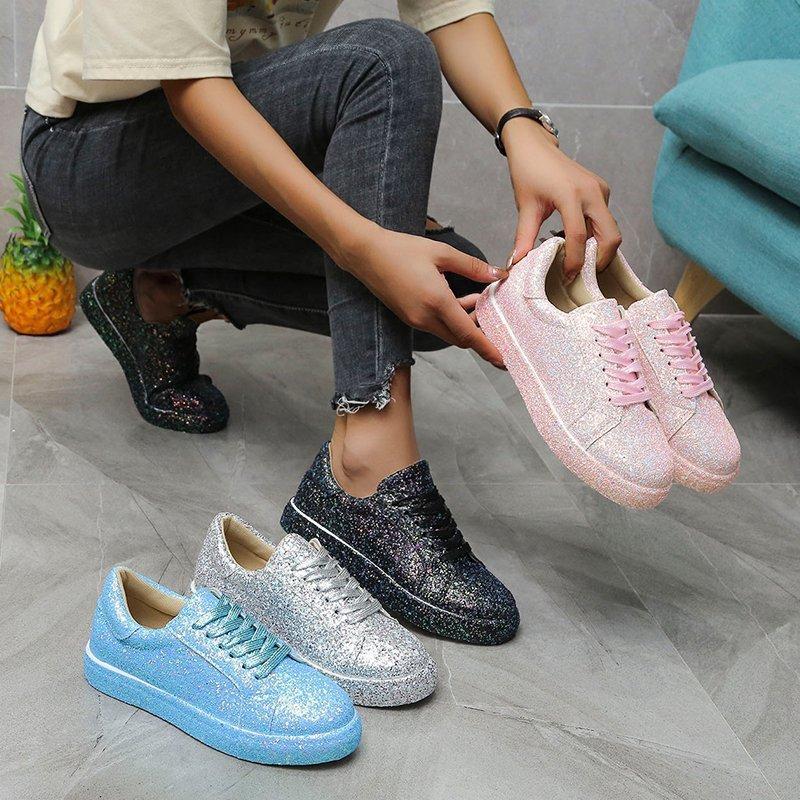 Fashion Plus Size Women's Shoes 2025 Spring Autumn New Style Solid Color Sequins Lace Up Flat Bottom Comfortable Casual Sports Shoes