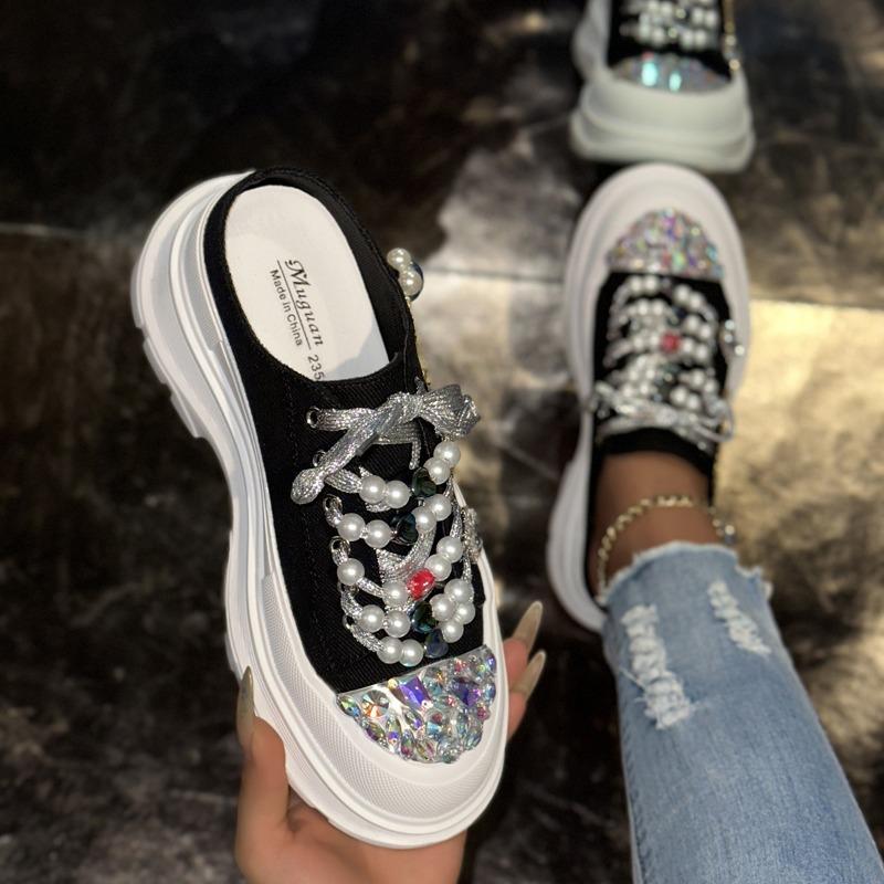 Baotou Half-slipper Women's Summer Thick-soled Sequined Net Slipper Without Heel Height-increasing and Slimming Women's Shoes