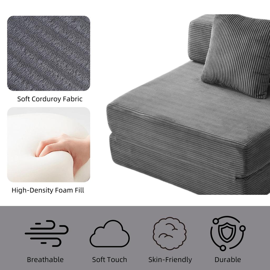 Floor Couch,Compression Sofa,Convertible Sofa Bed-with Pillow Back Support Armrest,Corduroy Fabric,for Living Room Bedroom,Dark Grey