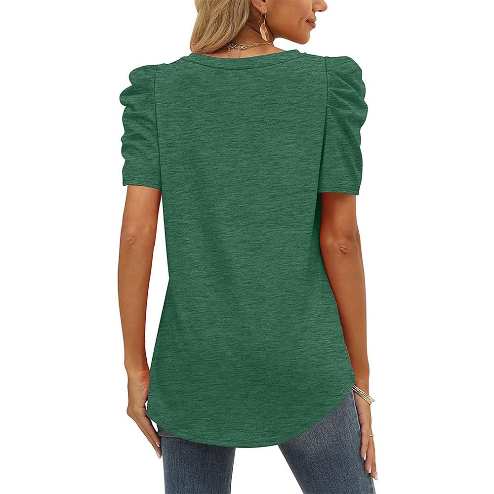 2024 European & American Style Ruched Patchwork V-Neck Short-Sleeve Women's T-Shirt