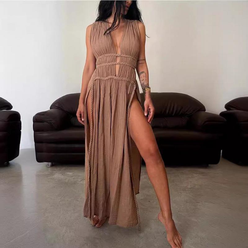 Bohemian Linen Sleeveless Braided Belt Slit Maxi Dress