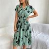 V-Neck Print Dress Women Belt Knee-Length S-6XL