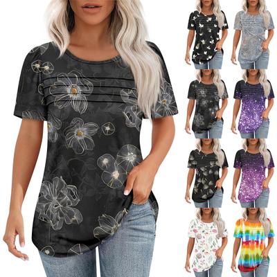 T Shirts For Women Pleated Round Neck Dressy Casual Blouses Printing Short Sleeve Summer Tops Loose Fit