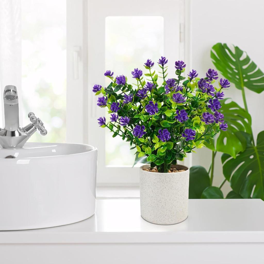 4 Packs Fake Plants Mini Purple Artificial Potted Flowers Small Faux Plants Indoor for Home Office Bathroom Farmhouse Tabletop Spring Decor