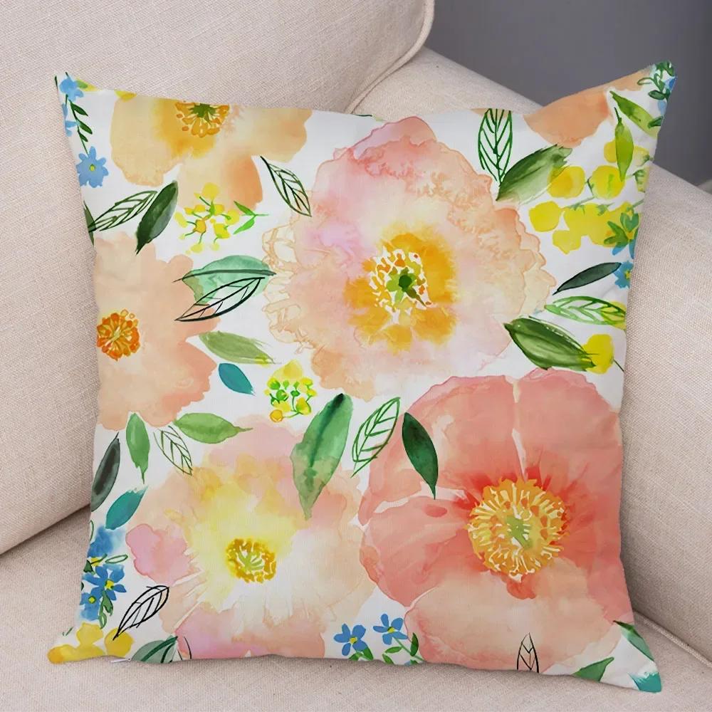 Watercolor Flower Leave Pillow Case Decor Colorful Plant Floal Cushion Cover for Sofa Home Car Soft Plush Pillowcase