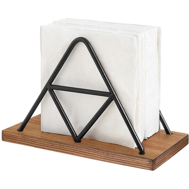 1pc Solid Wood Triangular Tissue Holder Stainless Steel Napkin Holder Desktop Tissue Base Restaurant Table Tissue Storage Rack
