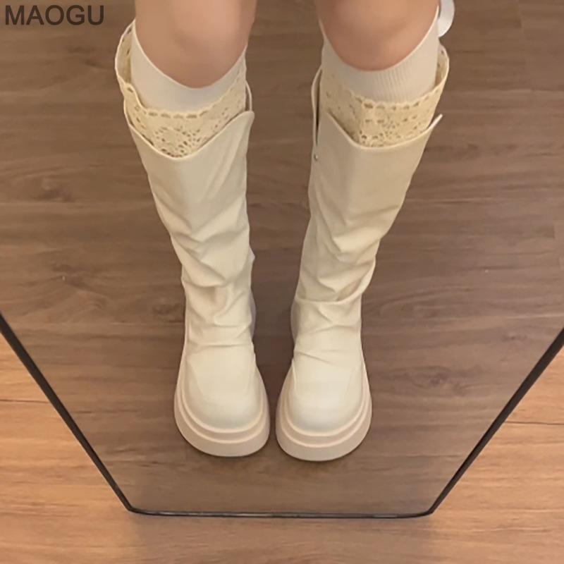 Beige British Style Platform Boots Women Knee High Chunky Sole Leather Long Boots Fashion Pleated Botas Mujer Height Increasing