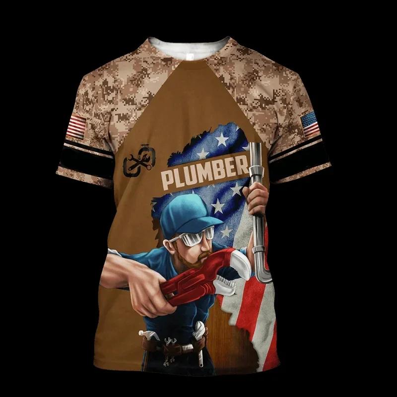 Instalatérská grafická trička 3D potisk tričko Pánské oblečení Letní pánské topy Mechanik Krátký rukáv Kulatý výstřih Osobnost O-výstřih Topy