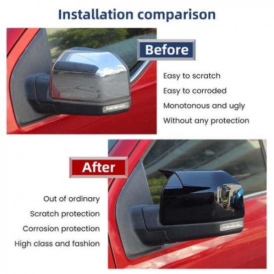 2PCS Glossy Black Rear View Mirror Covers Shells Guard Decor For 2015+ Ford F150