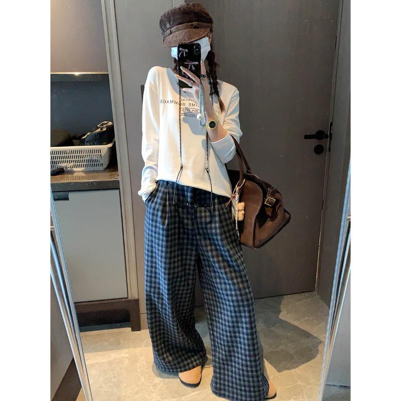 Moqie Cozy Retro Color Block Plaid Velvet Wide-Leg Floor-Length Pants MQ1011 Extra Large чёрный