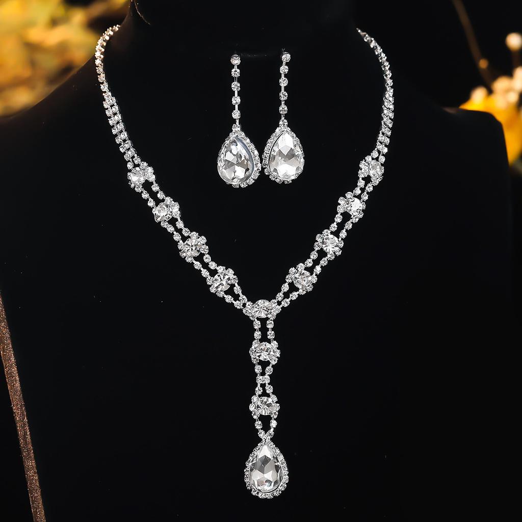 Black, Blue, Red and White High-level Sense of Super-flash Full of Diamonds Droplets Necklace Earrings Two-piece Bridal Jewelry Set