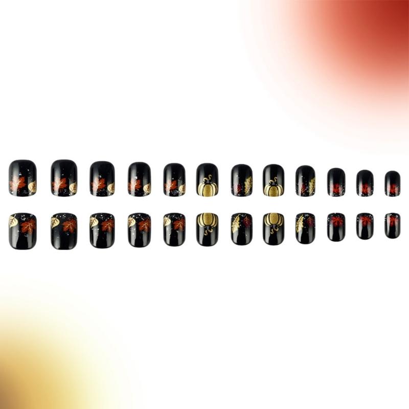 Short Square Press on False Nails Maple Leaf Pumpkin Nail Art Decoration Thanksgiving Day Manicure for Women and Girls