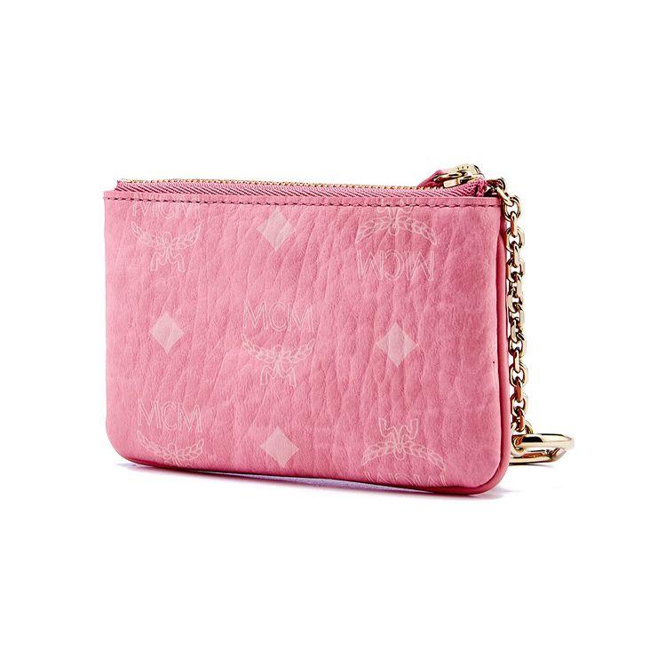 MCM Visetos Pink Leather Coin Pouch with Dog Motif & Gold Chain for Daily Use & Gifting