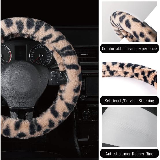 Road Comforts Leopard Plush Steering Wheel Cover For Winter, Made With Flurry Microfiber, Universal Fit 14 1/2 To 15 Inches Steering Wheel Cover,