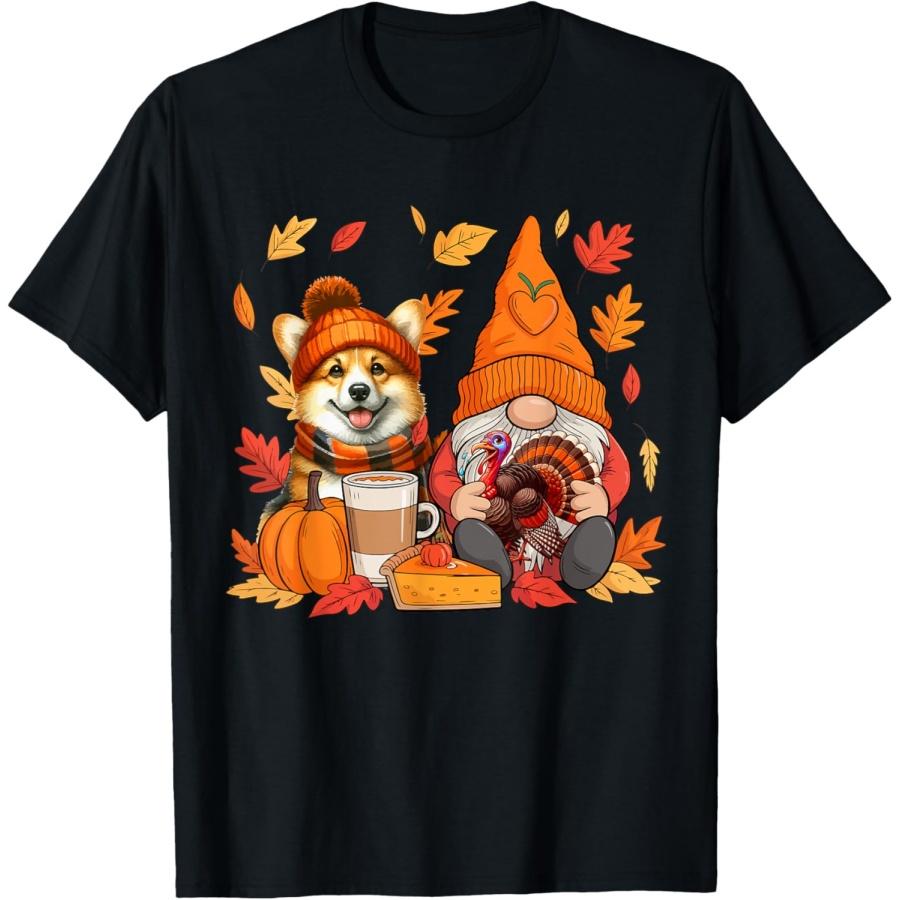 Gnome Turkey Corgi Thanksgiving Fall Leaves Pumpkin Pie T-Shirt S