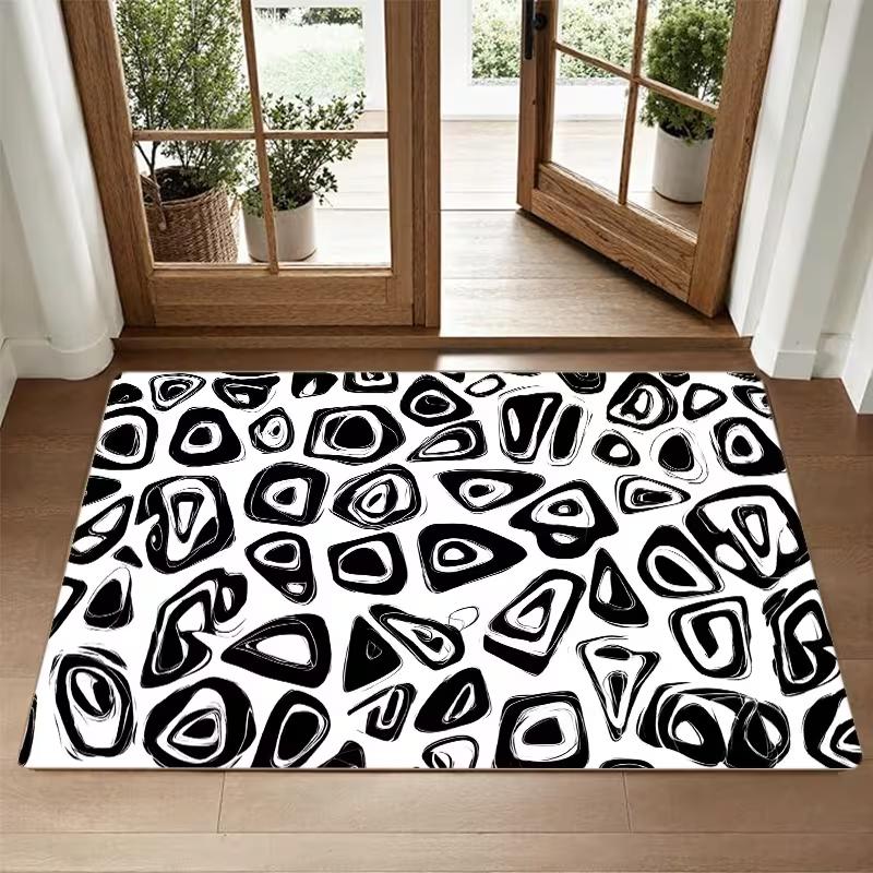 Black White Abstract Geometric Pattern Doormat Minimalist Style Daily Home Use Absorbent Non-slip Carpet for Home Offices Etc