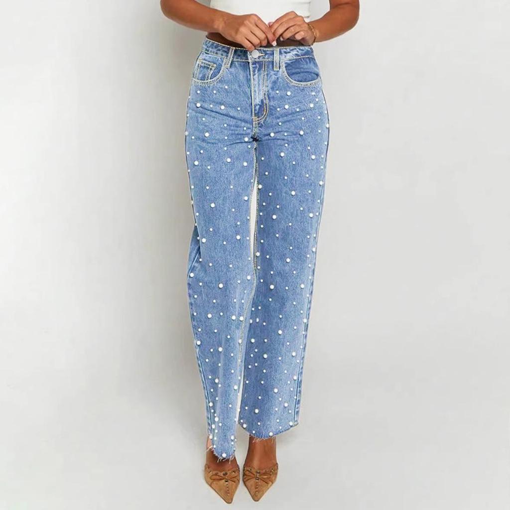 European & American Beaded Frayed Wide-Leg Cowboy Pants